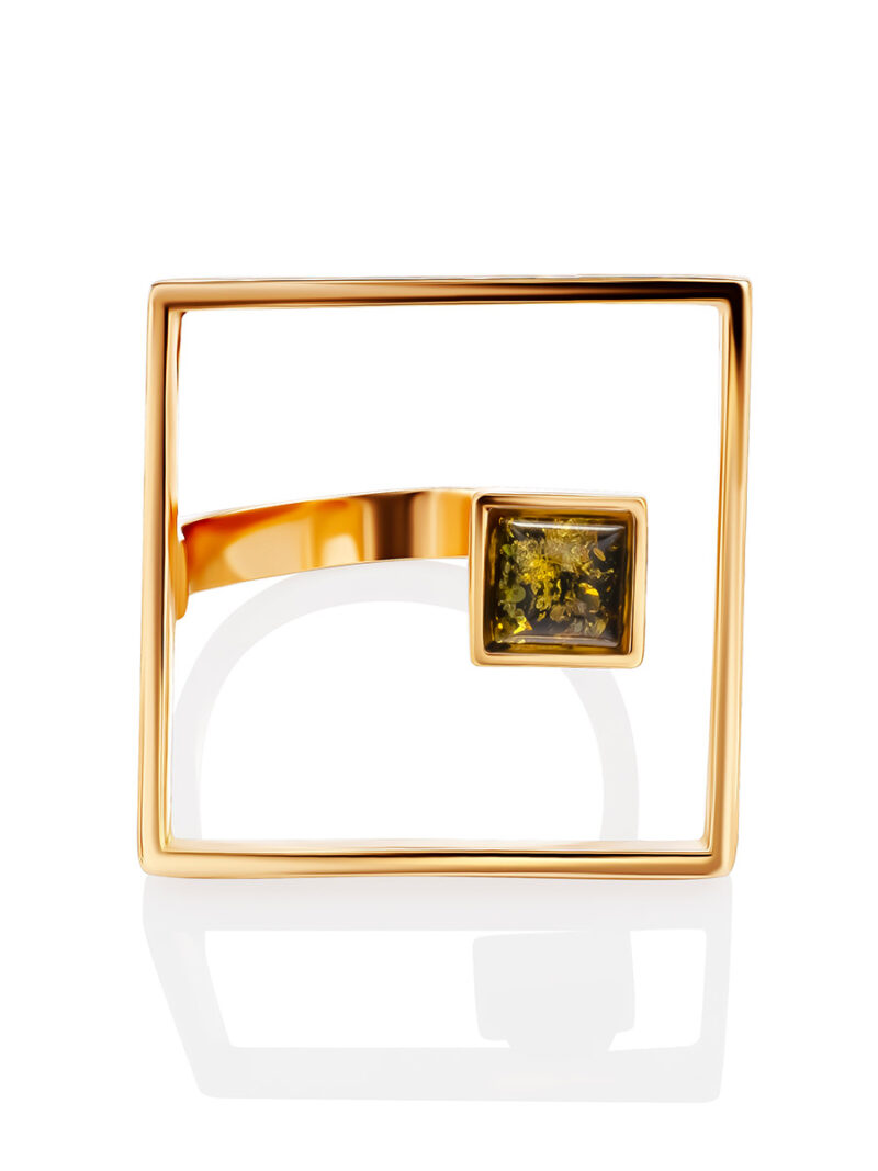 Bright gold plated ring Gravity with green amber 17.5