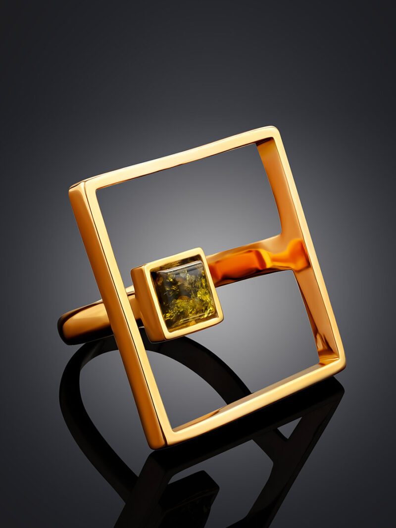 Bright gold plated ring Gravity with green amber 17.5 - Image 3