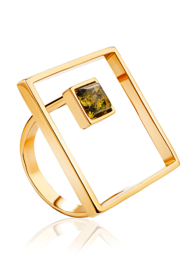 Bright gold plated ring Gravity with green amber 17.5 - Image 2