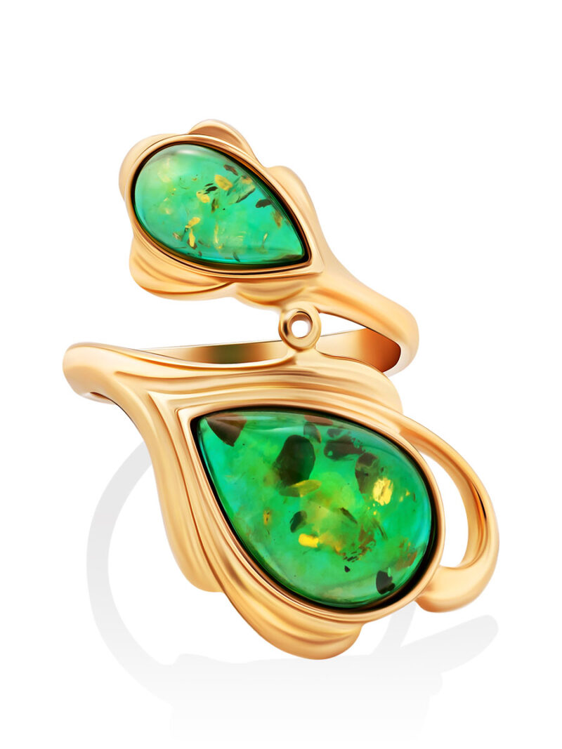 Bright, spectacular ring Peacock made of green amber 18