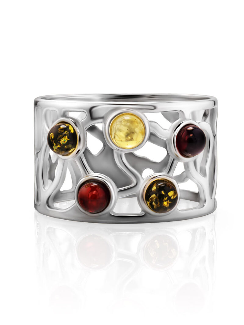 Bright wide ring Limbo made of amber of different colors 21.5