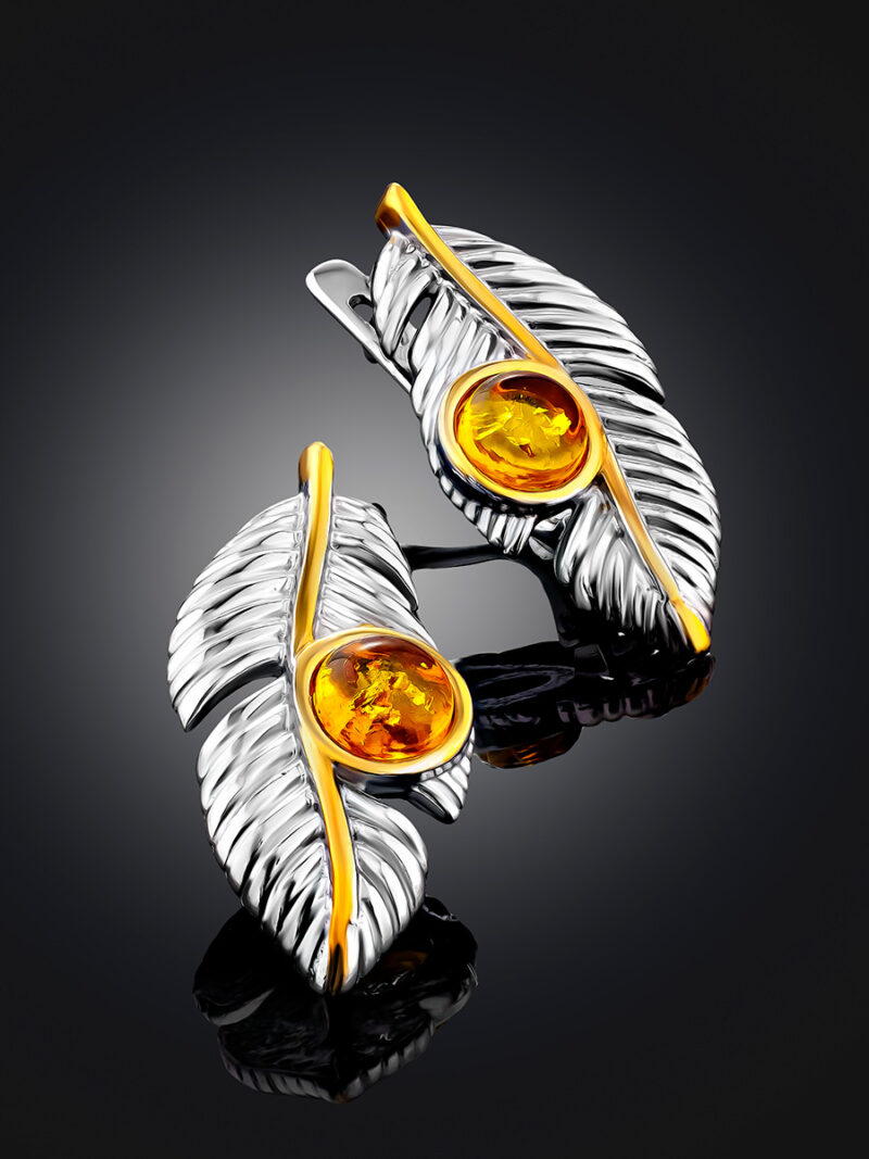 Elegant earrings decorated with cognac-colored amber Peacock - Image 3