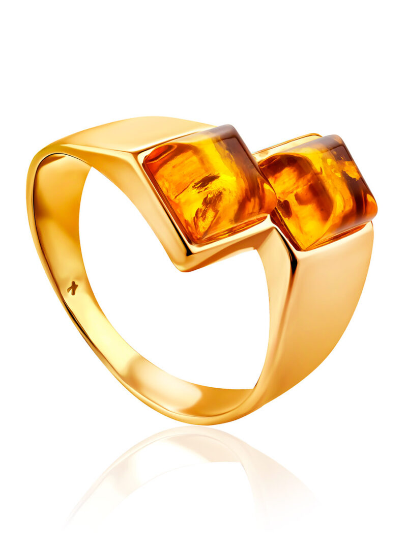 Geometric ring with cognac-colored amber Mosaic 18.5