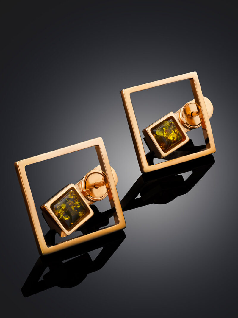 Gold-plated earrings Gravity with sparkling green amber - Image 3