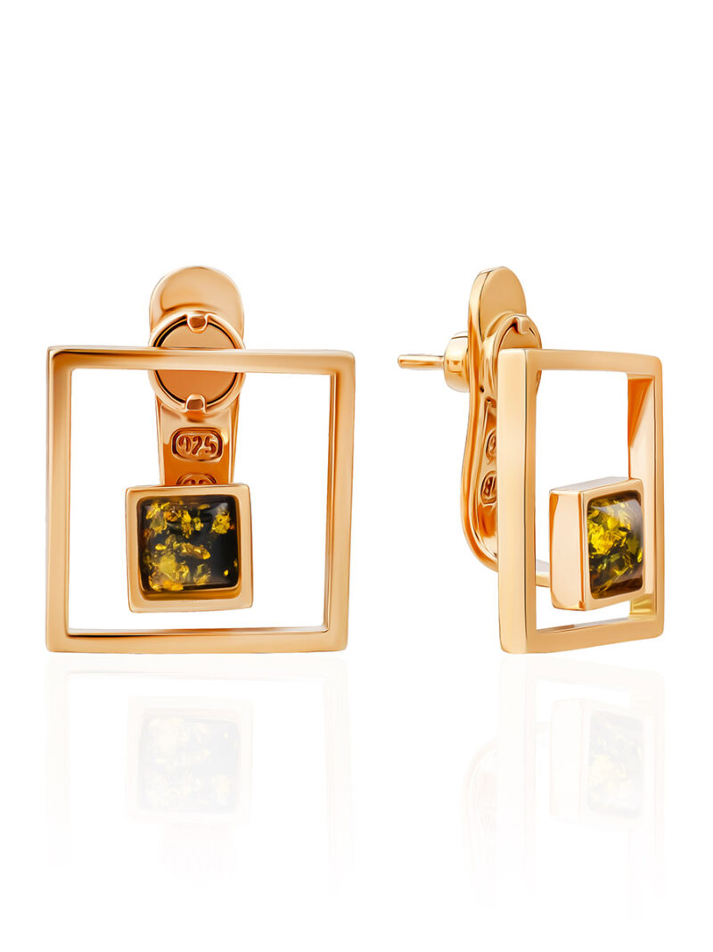 Gold-plated earrings Gravity with sparkling green amber