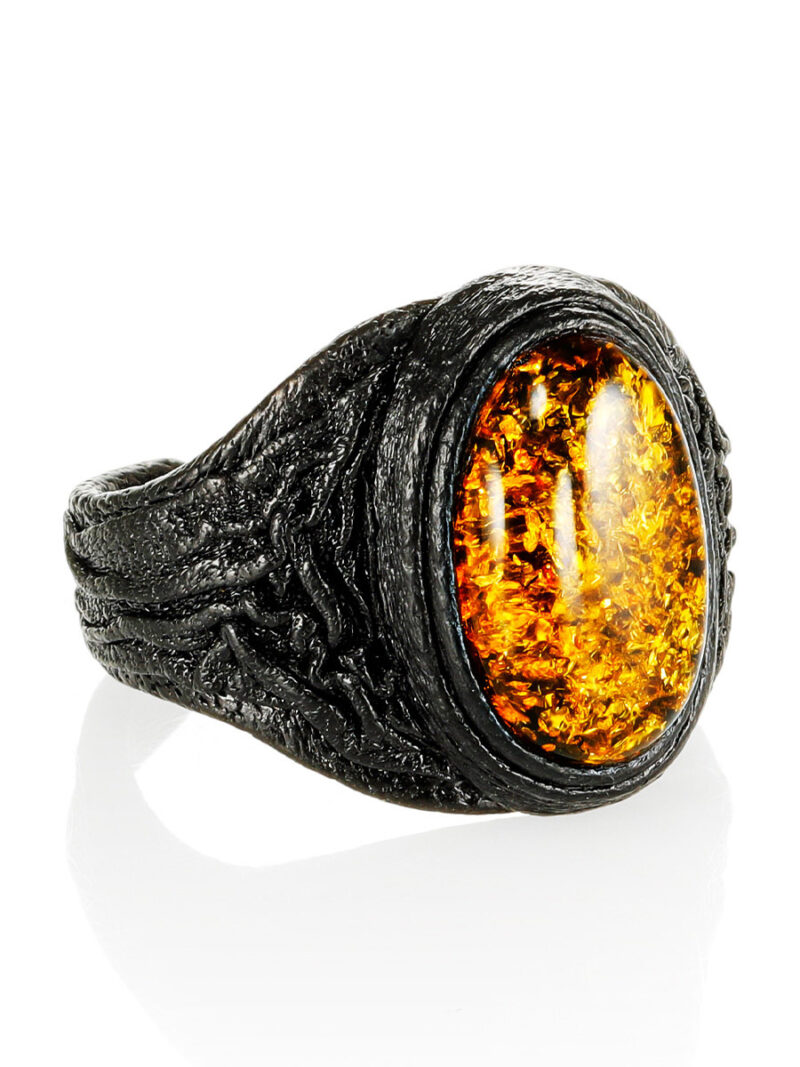 Leather ring with large sparkling amber