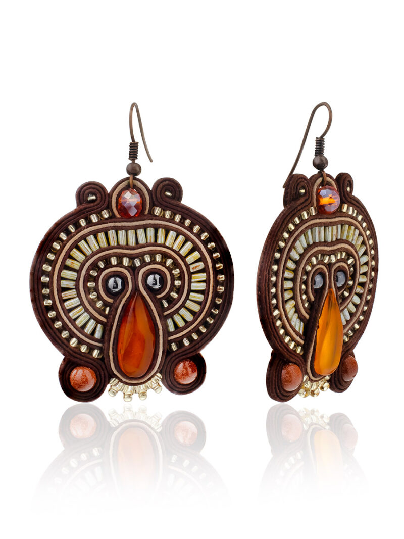 Openwork large earrings with weaving elements and inserts made of natural bright cognac amber India