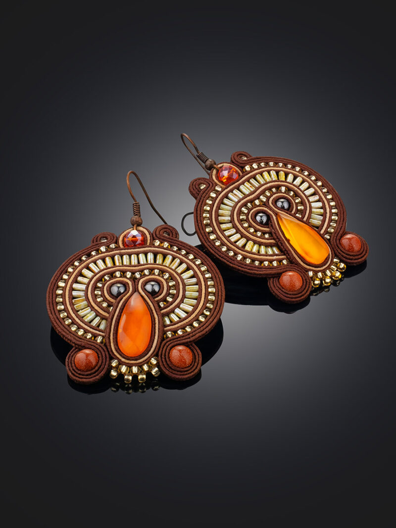 Openwork large earrings with weaving elements and inserts made of natural bright cognac amber India - Image 2