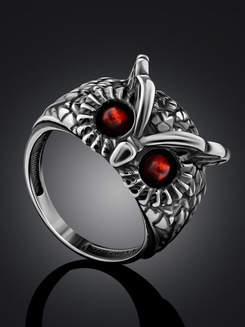 Original voluminous ring decorated with cherry amber Owl 20 - Image 4