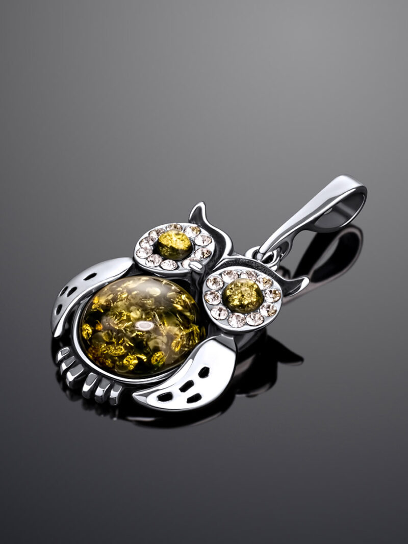 Pendant made of natural green amber decorated with Owl crystals - Image 4