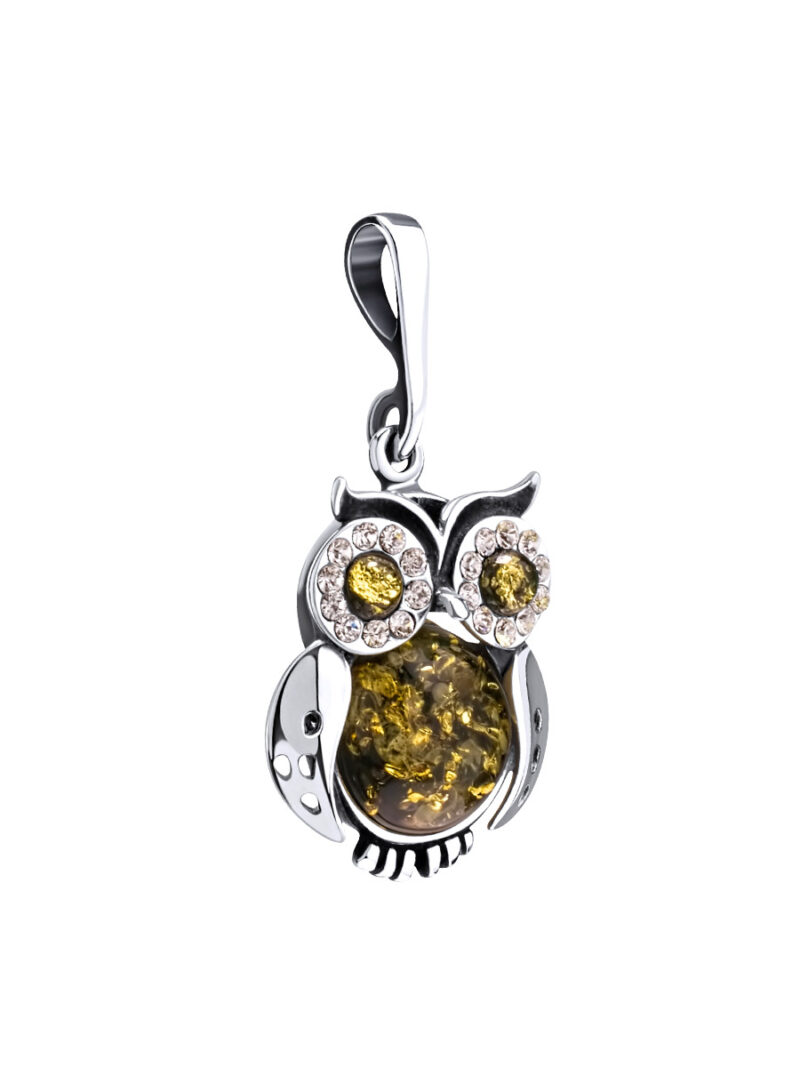 Pendant made of natural green amber decorated with Owl crystals - Image 3