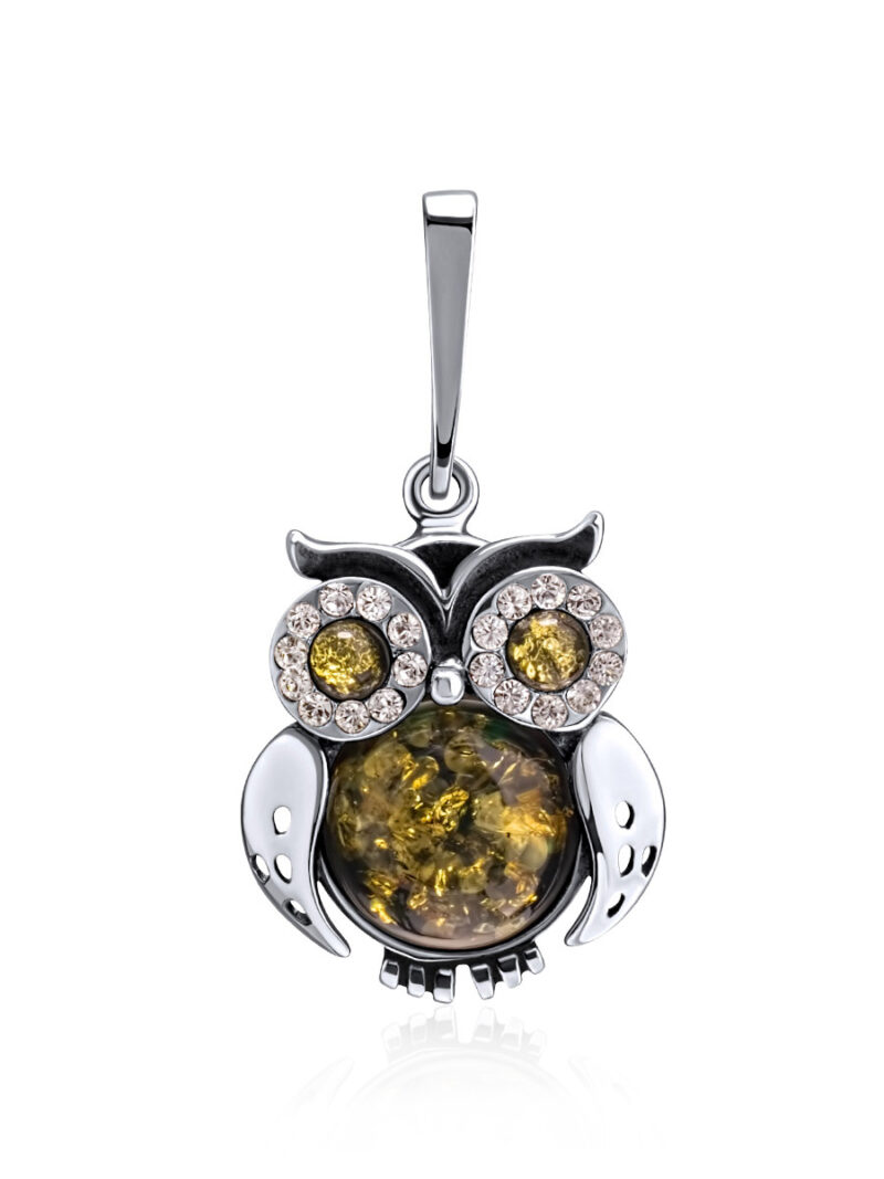 Pendant made of natural green amber decorated with Owl crystals