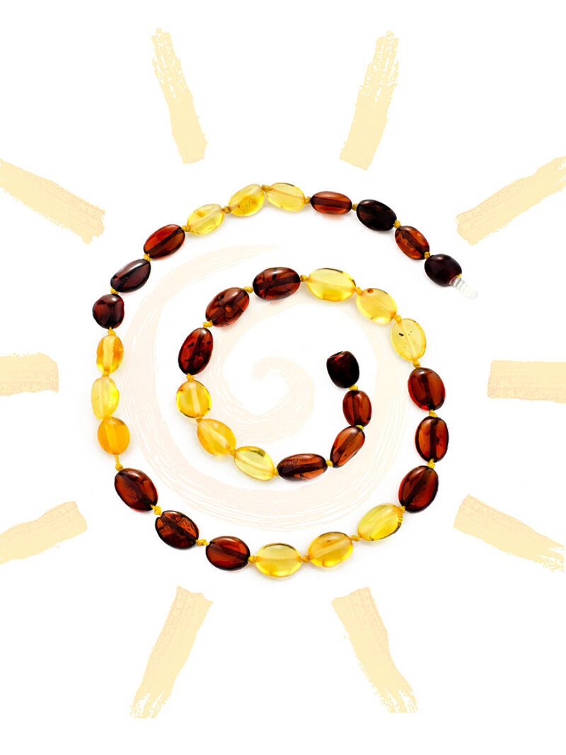 Short children's amber beads Small Olive in golden lemon and cherry color