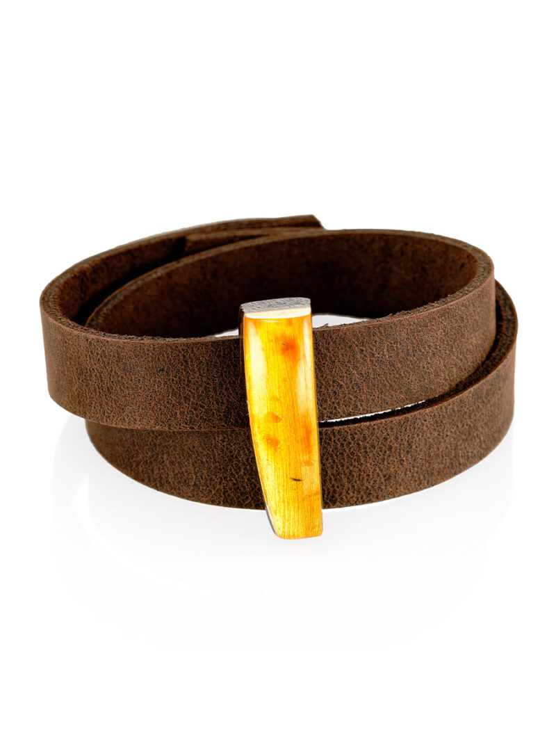 Stylish leather bracelet Indonesia with natural amber and wood