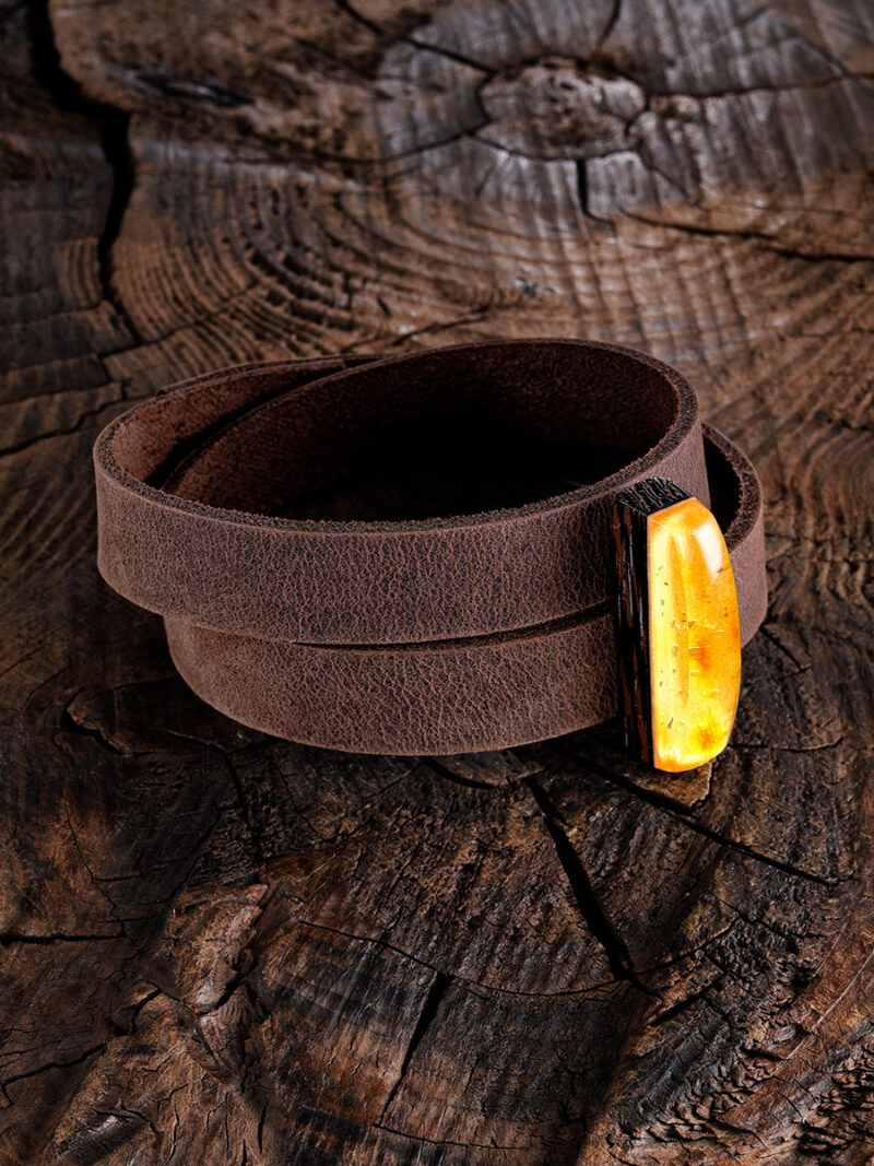 Stylish leather bracelet Indonesia with natural amber and wood - Image 3