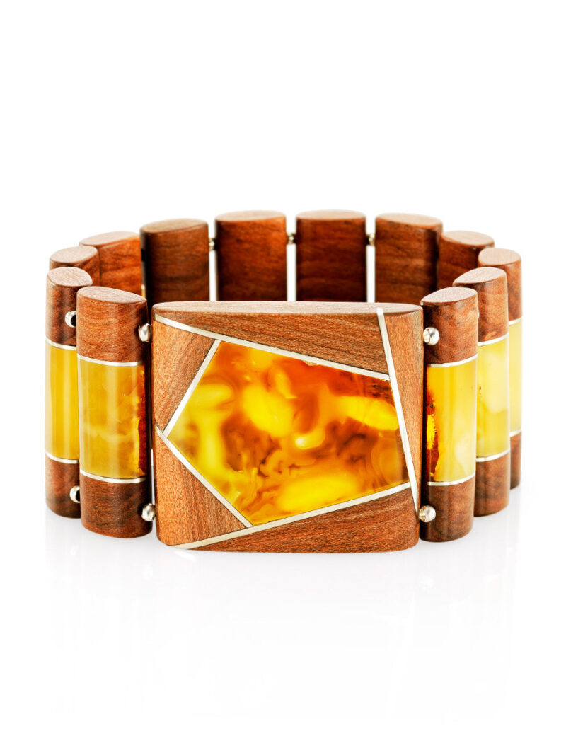 Stylish bracelet made of wood and natural amber Indonesia