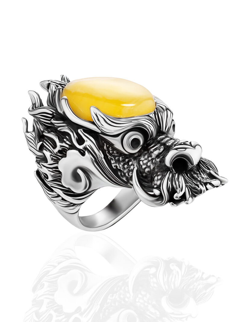 Luxurious men's ring Dragon made of honey-colored amber 21