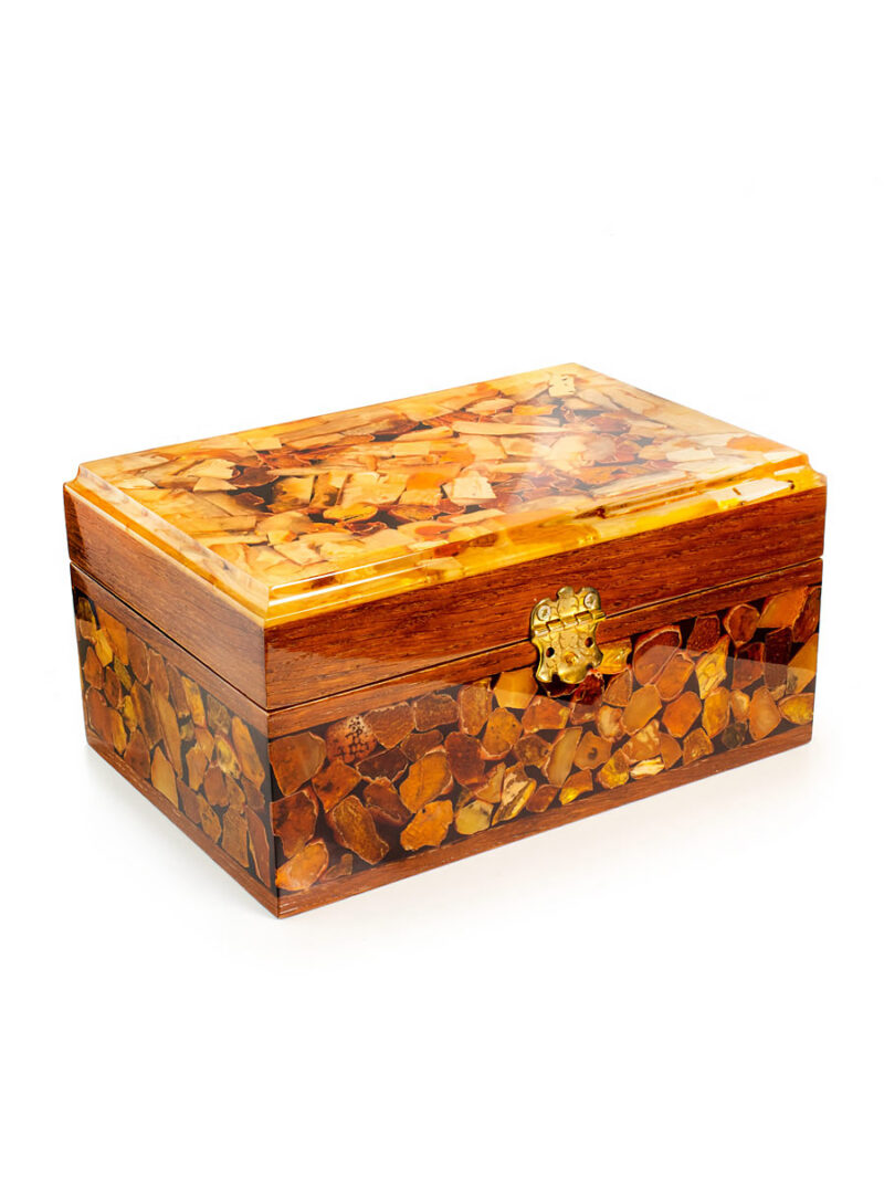 Large wooden box decorated with amber mosaic