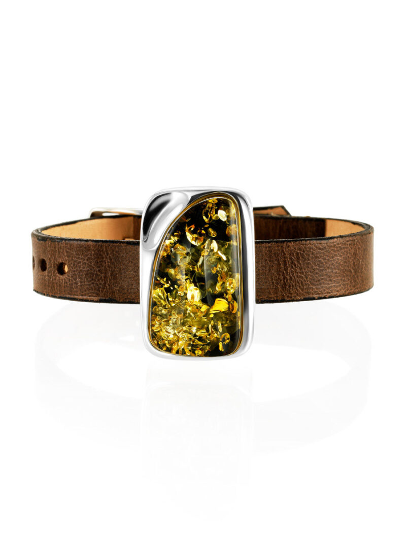 Stylish leather bracelet with natural Silverstone amber