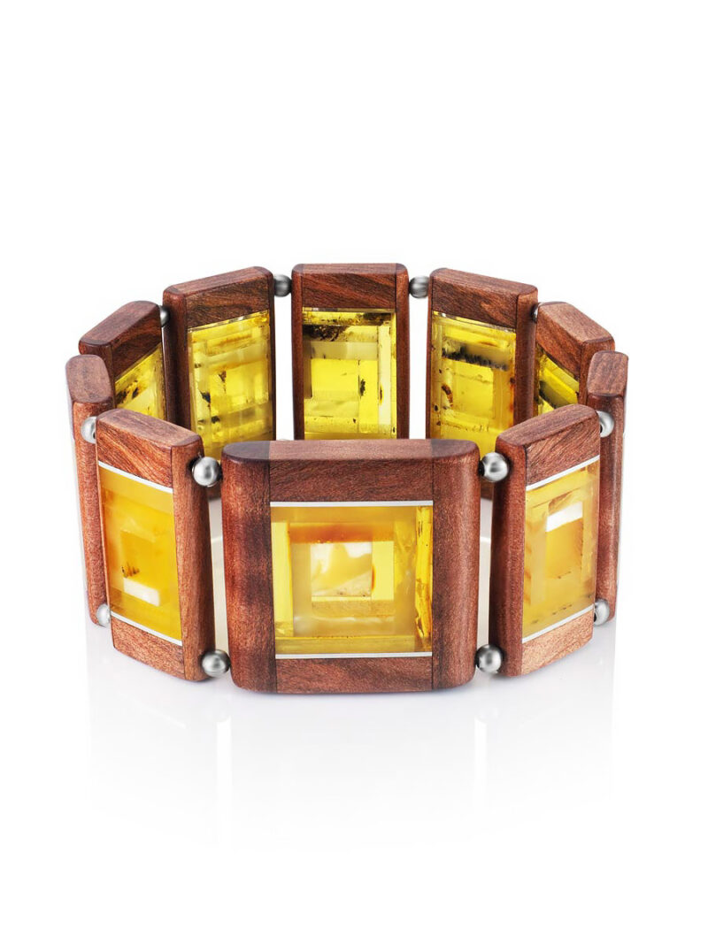 Original wooden bracelet with natural Baltic amber Indonesia