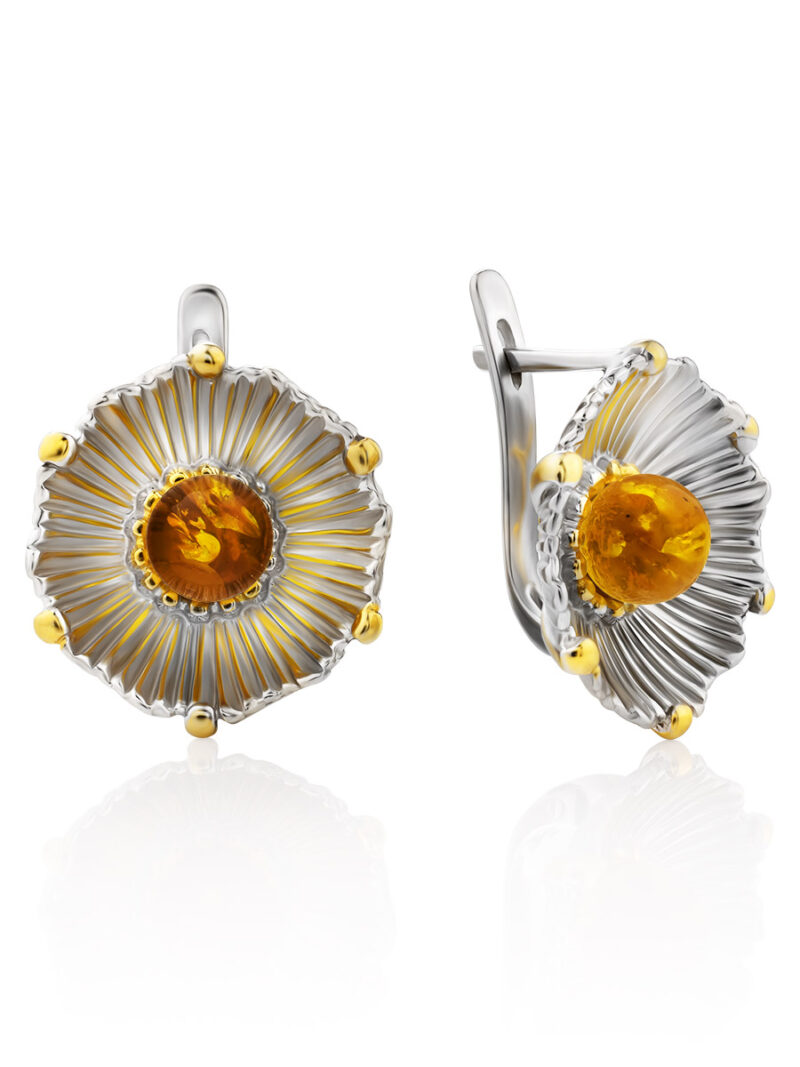 Beautiful earrings with gilding decorated with natural amber Phlox