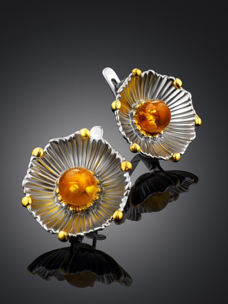 Beautiful earrings with gilding decorated with natural amber Phlox - Image 2