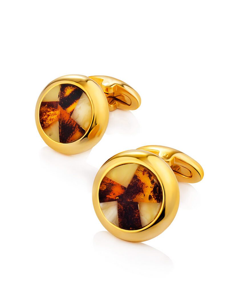 Bright round cufflinks decorated with mosaics made of natural amber