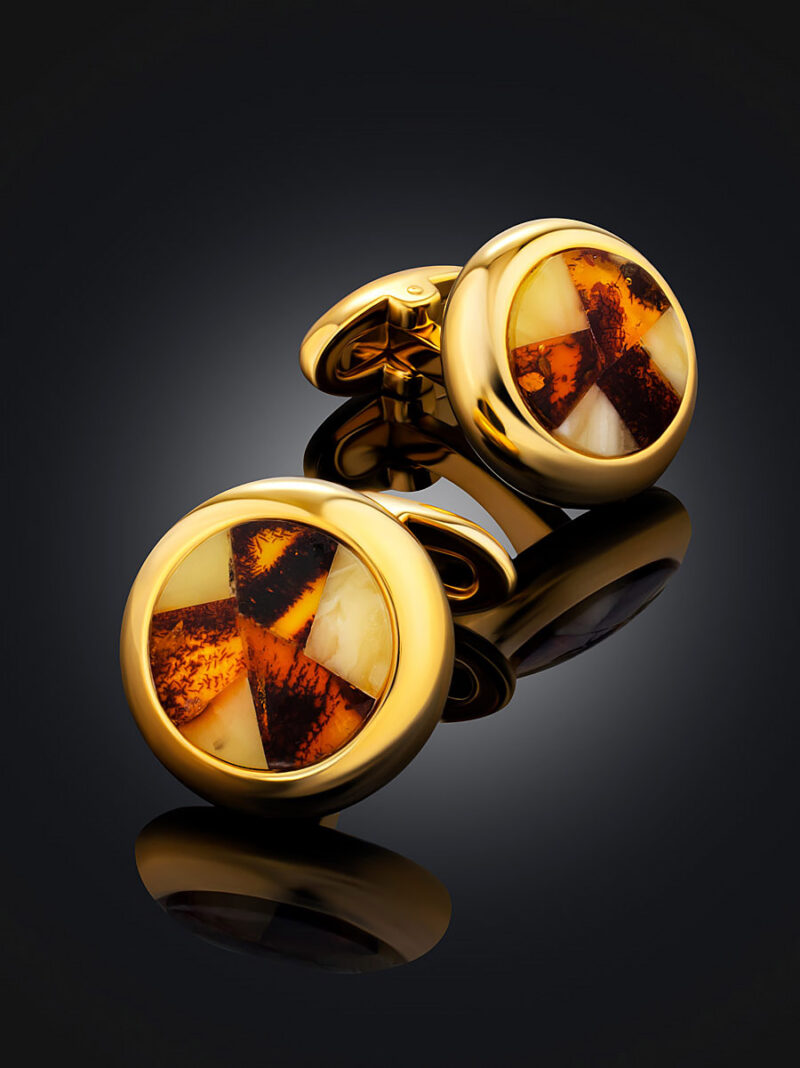 Bright round cufflinks decorated with mosaics made of natural amber - Image 3