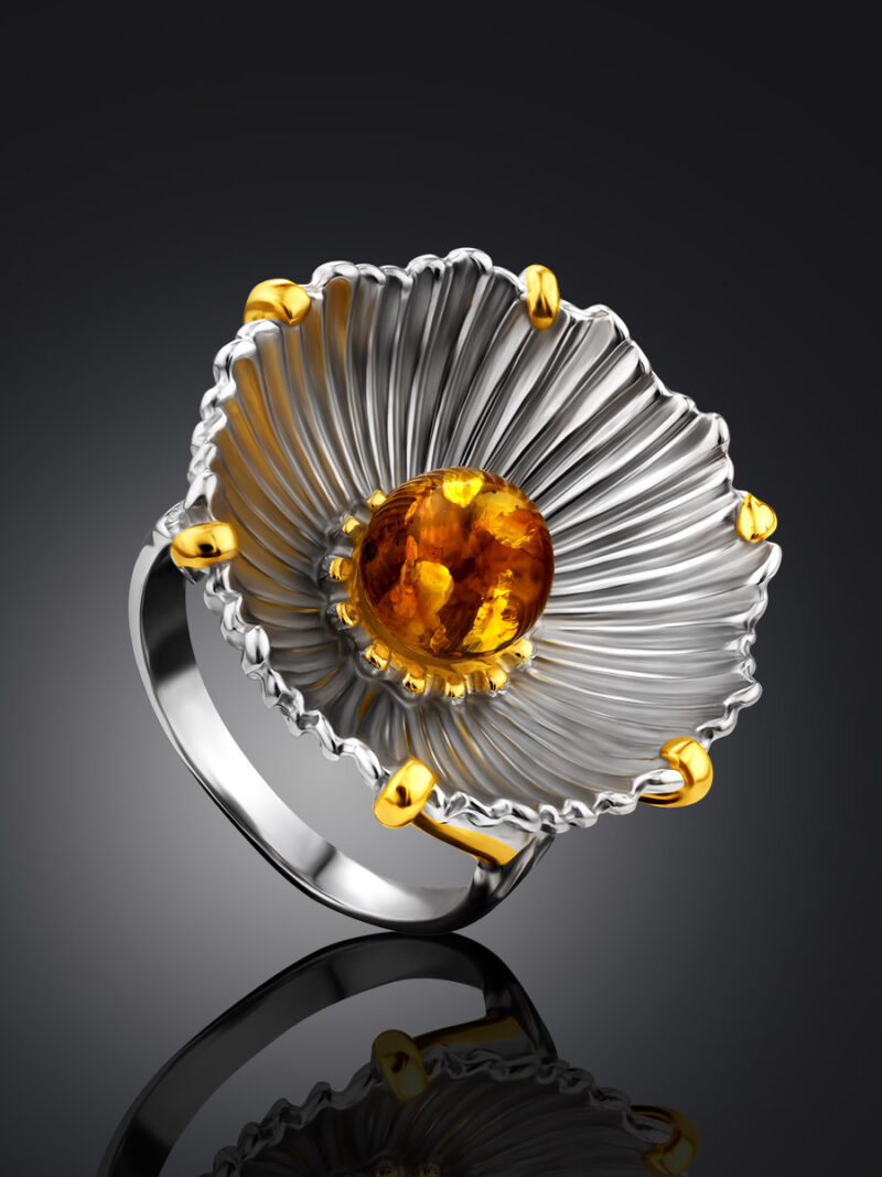 Volumetric ring made of silver with gilding decorated with amber Phlox - Image 3