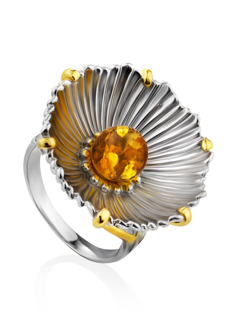 Volumetric ring made of silver with gilding decorated with amber Phlox