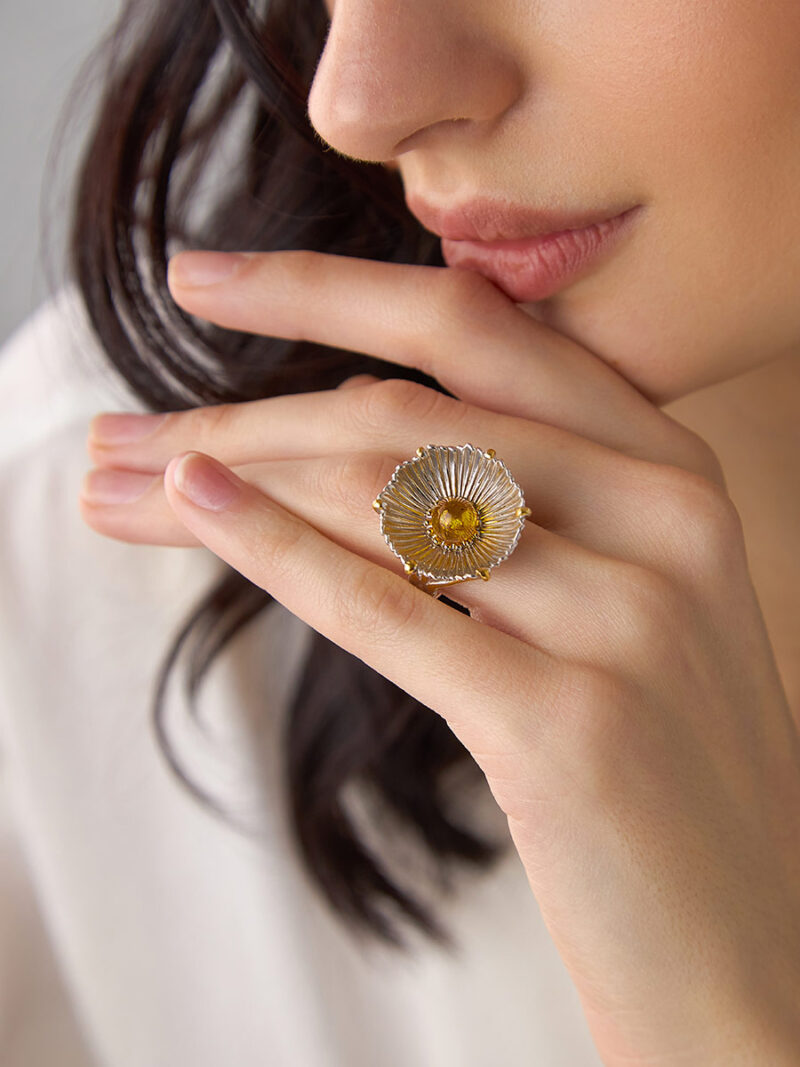 Volumetric ring made of silver with gilding decorated with amber Phlox - Image 5