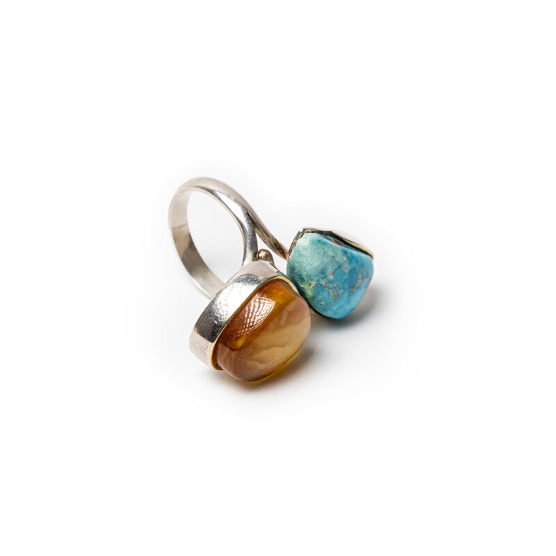 Natural Baltic Amber and turquoise stone ring from Poland - Image 2