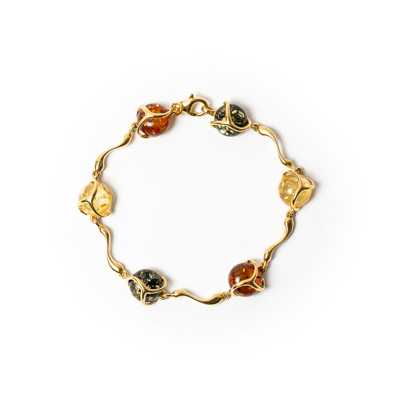 Gold plated bracelet with mixed colour Polish amber